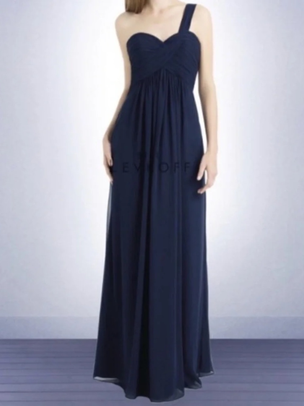 Bill Levkoff Style 736 One Shoulder Sweetheart Chiffon Bridesmaid Dress Navy 12